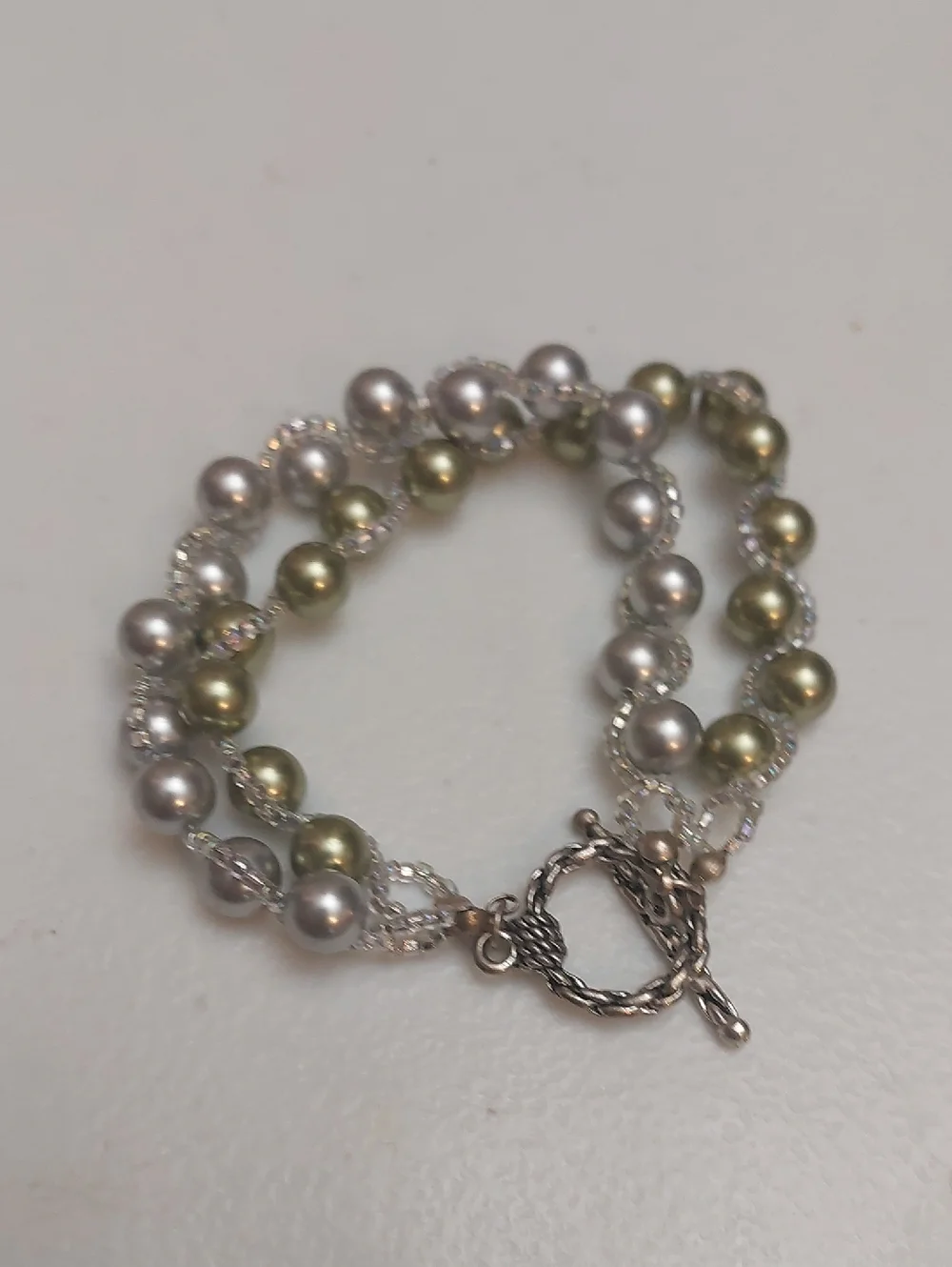 Vintage Artisal Double Strands Gray Green Faux Pearls Beaded Toggle Bracelet